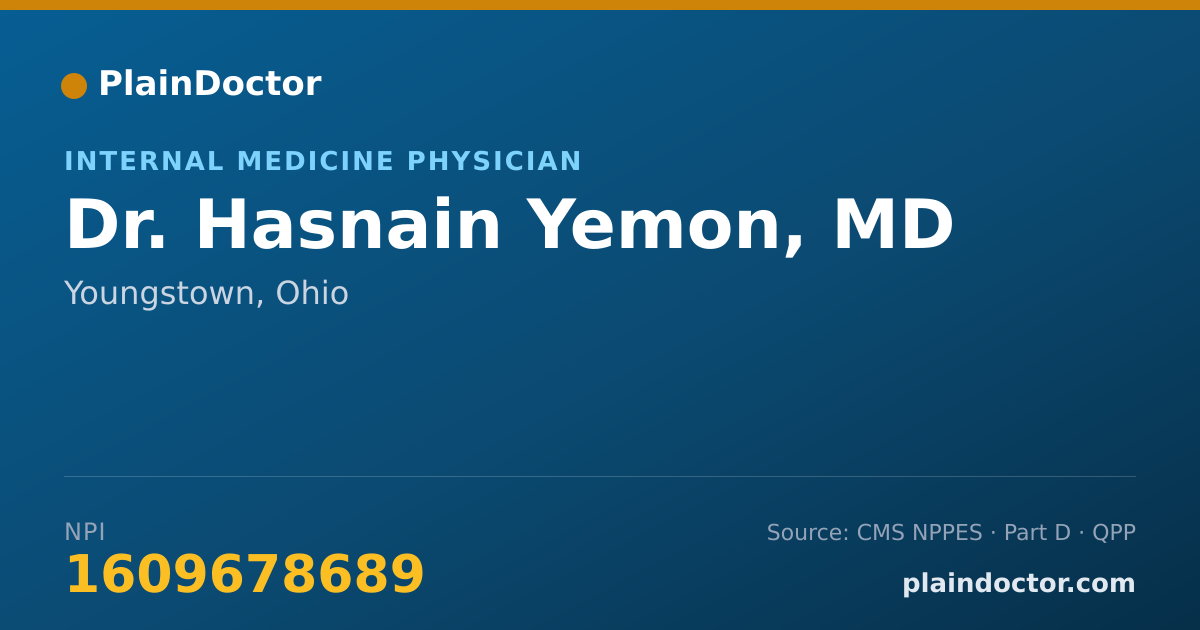 Shareable card for Hasnain Yemon, MD - Internal Medicine Physician, Youngstown, OH
