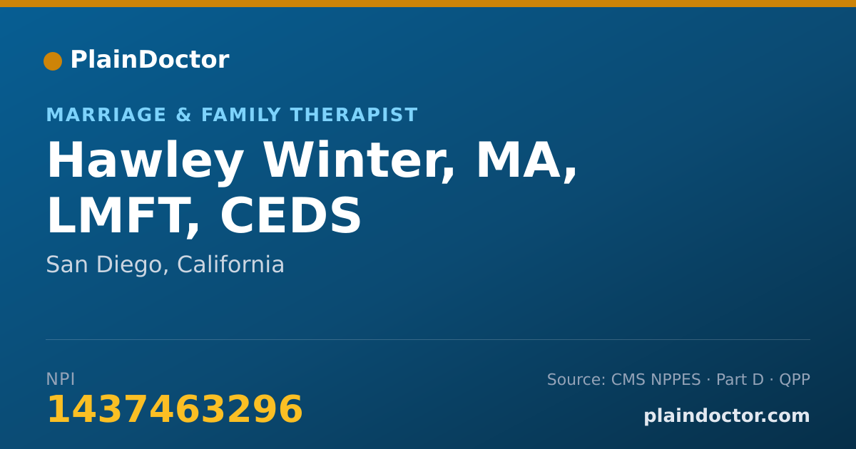 Shareable card for Hawley Winter, MA, LMFT, CEDS - Marriage & Family Therapist, San Diego, CA