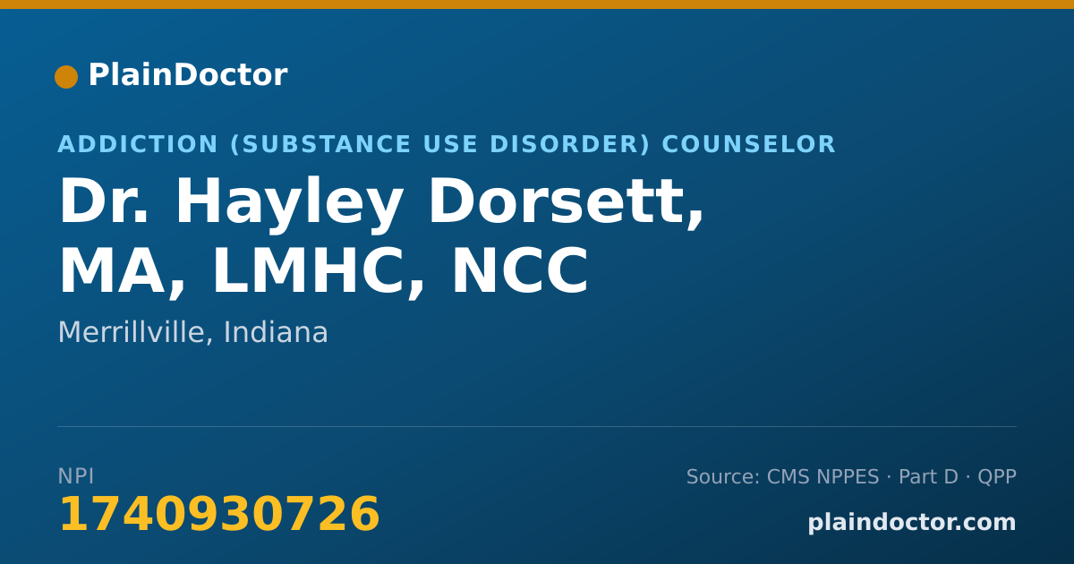 Shareable card for Hayley Dorsett, MA, LMHC, NCC - Addiction (Substance Use Disorder) Counselor, Merrillville, IN