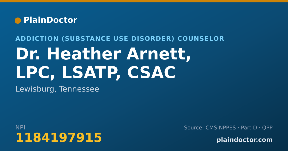 Shareable card for Heather Arnett, LPC, LSATP, CSAC - Addiction (Substance Use Disorder) Counselor, Lewisburg, TN