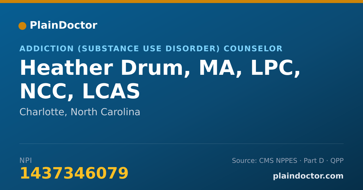 Shareable card for Heather Drum, MA, LPC, NCC, LCAS - Addiction (Substance Use Disorder) Counselor, Charlotte, NC