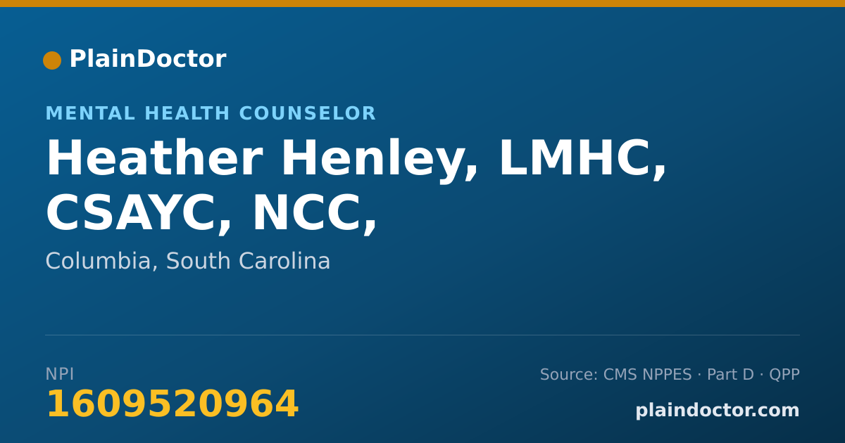 Shareable card for Heather Henley, LMHC, CSAYC, NCC, - Mental Health Counselor, Columbia, SC