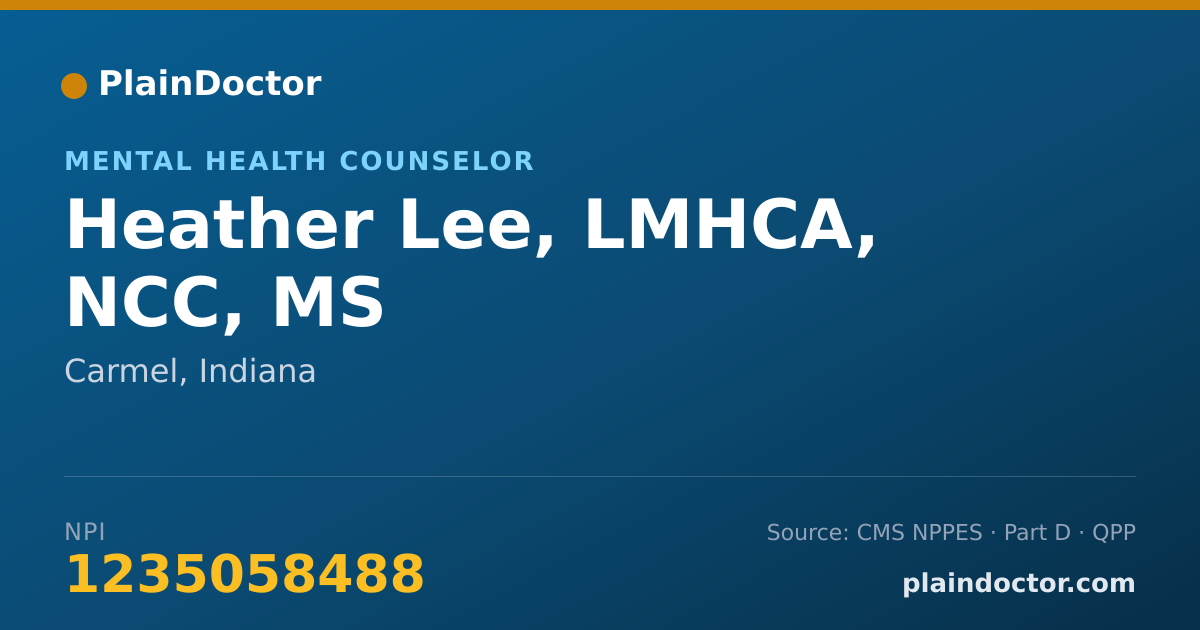 Shareable card for Heather Lee, LMHCA, NCC, MS - Mental Health Counselor, Carmel, IN