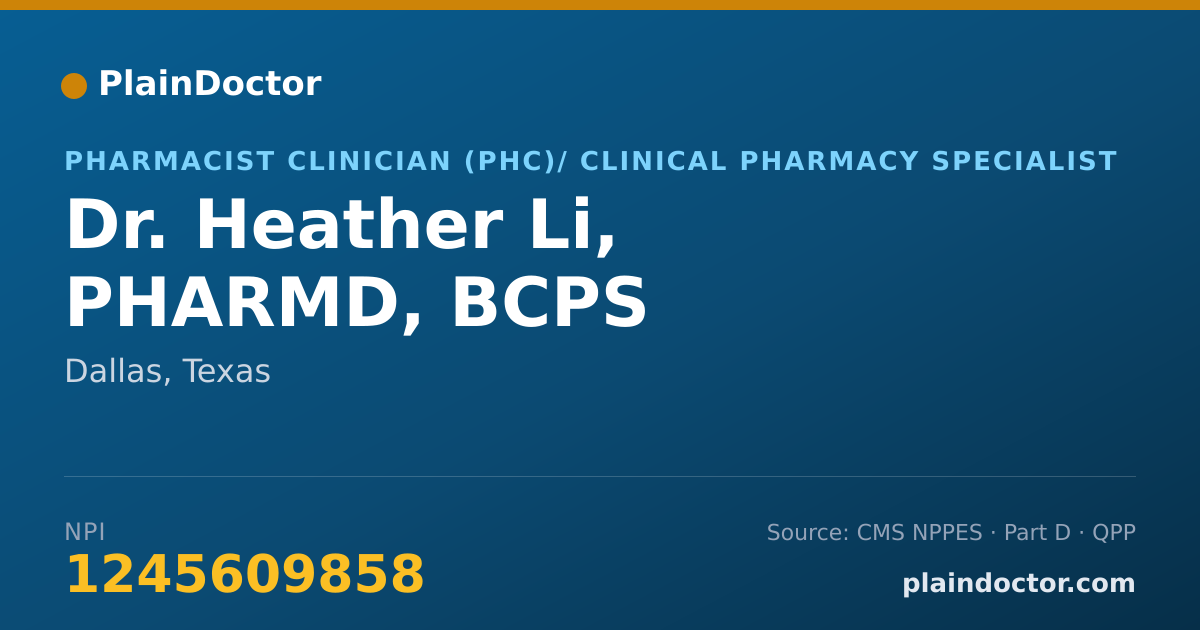 Shareable card for Heather Li, PHARMD, BCPS - Pharmacist Clinician (PhC)/ Clinical Pharmacy Specialist, Dallas, TX