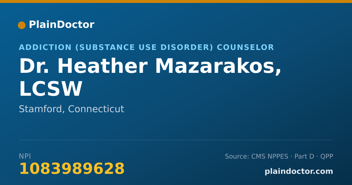 Shareable card for Heather Mazarakos, LCSW - Addiction (Substance Use Disorder) Counselor, Stamford, CT