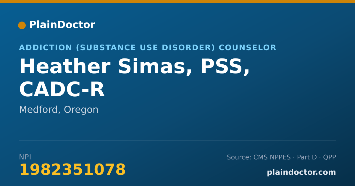 Shareable card for Heather Simas, PSS, CADC-R - Addiction (Substance Use Disorder) Counselor, Medford, OR