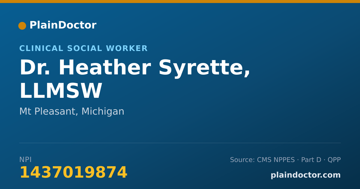 Shareable card for Heather Syrette, LLMSW - Clinical Social Worker, Mt Pleasant, MI