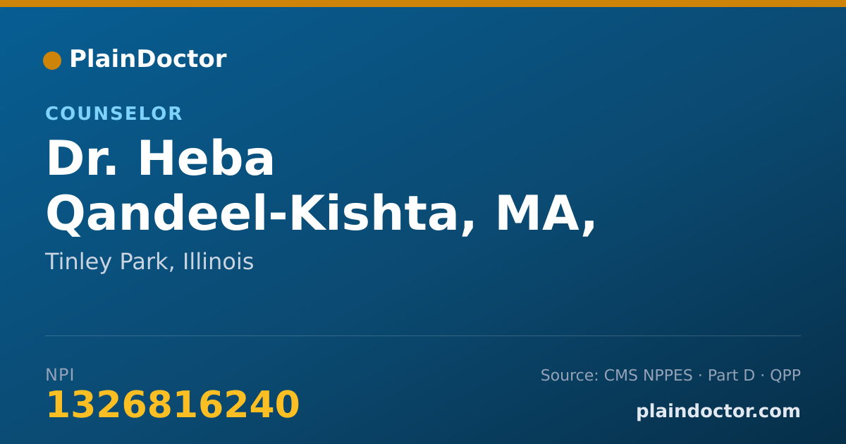 Shareable card for Heba Qandeel-Kishta, MA, CADC I - Counselor, Tinley Park, IL