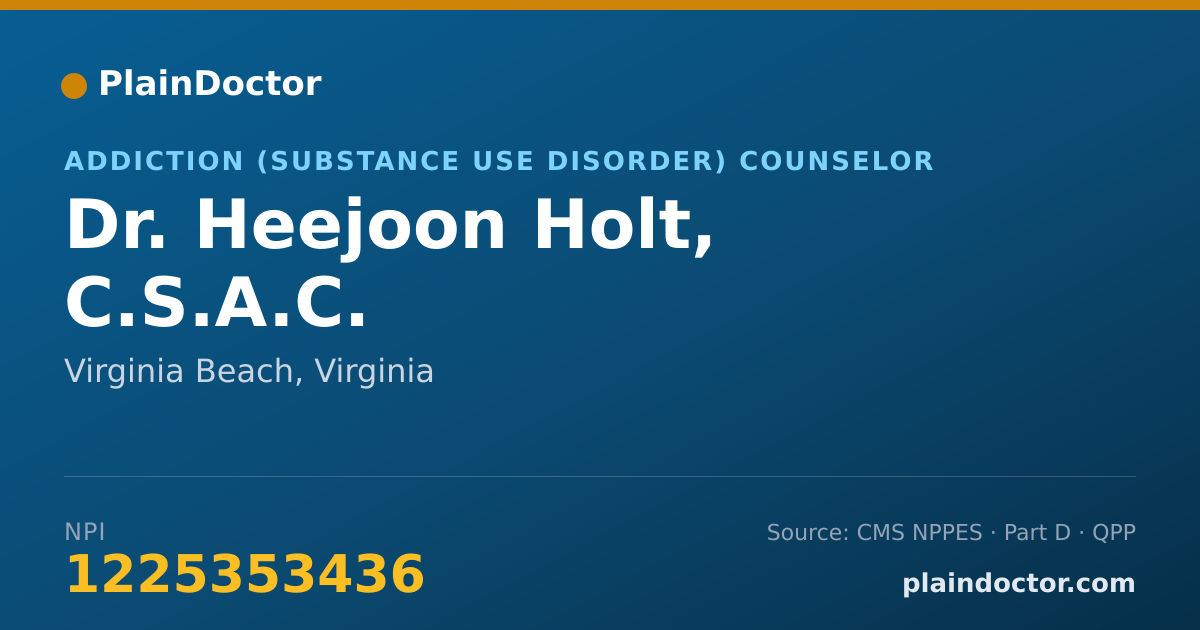 Shareable card for Heejoon Holt, C.S.A.C. - Addiction (Substance Use Disorder) Counselor, Virginia Beach, VA