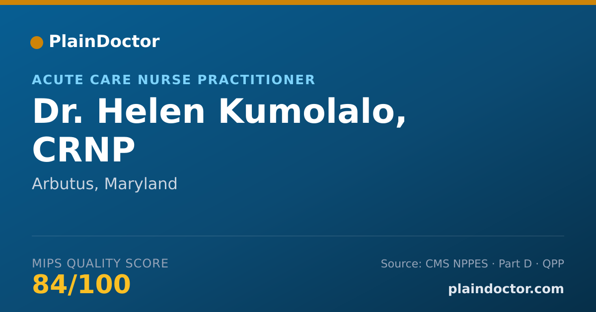 Shareable card for Helen Kumolalo, CRNP - Acute Care Nurse Practitioner, Arbutus, MD