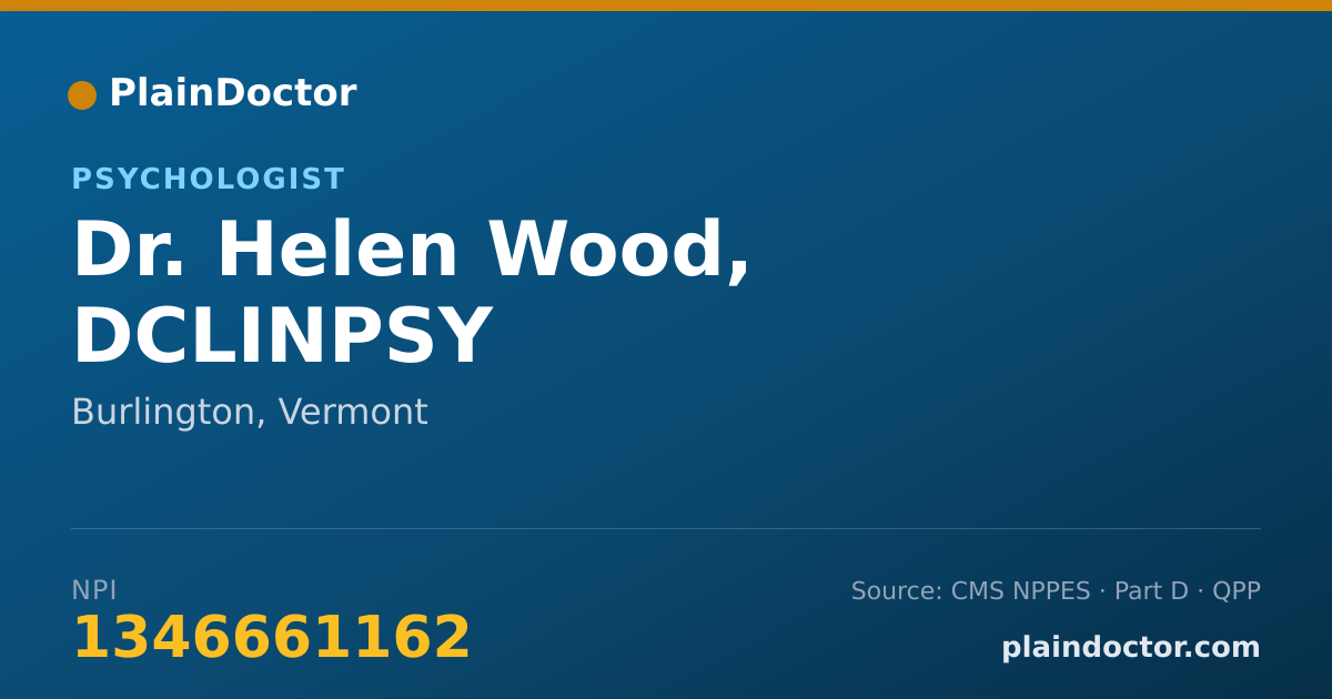 Shareable card for Helen Wood, DCLINPSY - Psychologist, Burlington, VT