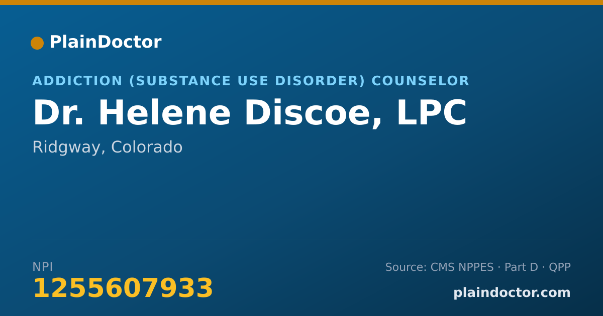 Shareable card for Helene Discoe, LPC - Addiction (Substance Use Disorder) Counselor, Ridgway, CO