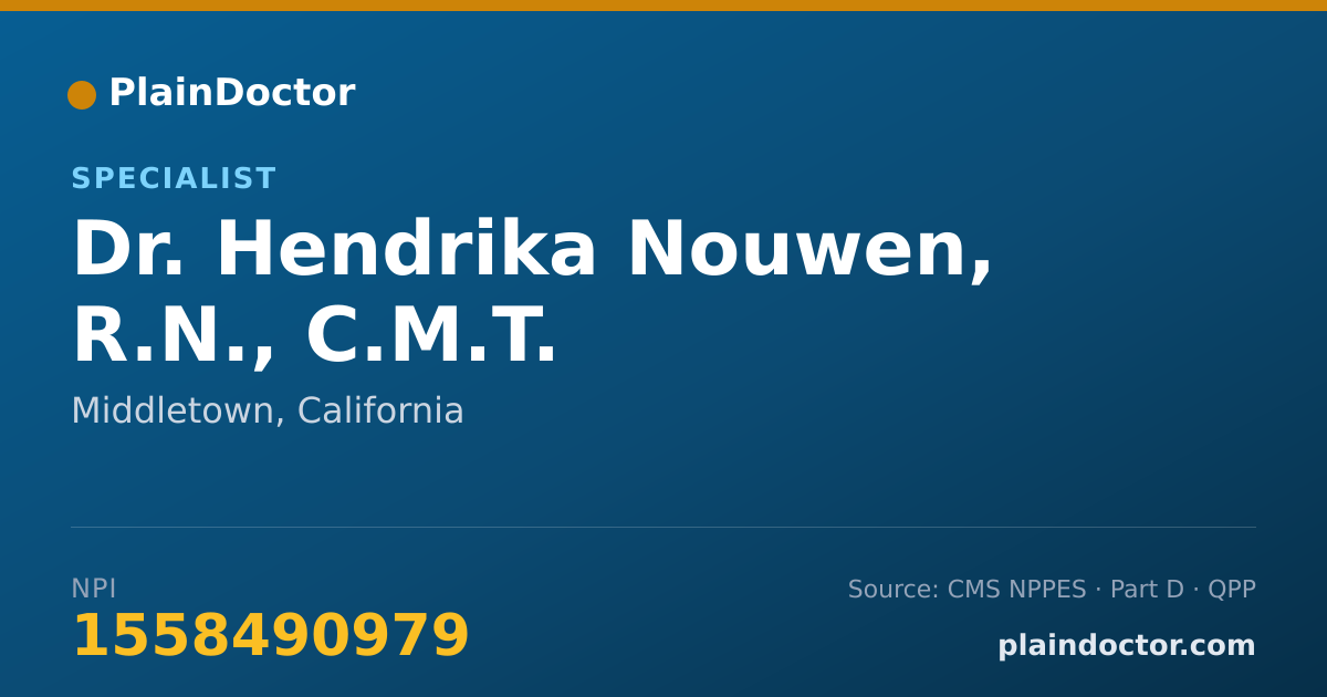 Shareable card for Hendrika Nouwen, R.N., C.M.T. - Specialist, Middletown, CA