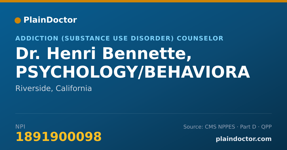 Shareable card for Henri Bennette, PSYCHOLOGY/BEHAVIORA - Addiction (Substance Use Disorder) Counselor, Riverside, CA