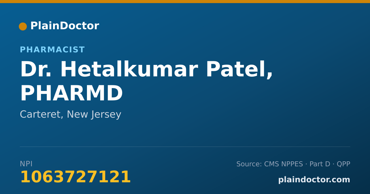 Shareable card for Hetalkumar Patel, PHARMD - Pharmacist, Carteret, NJ