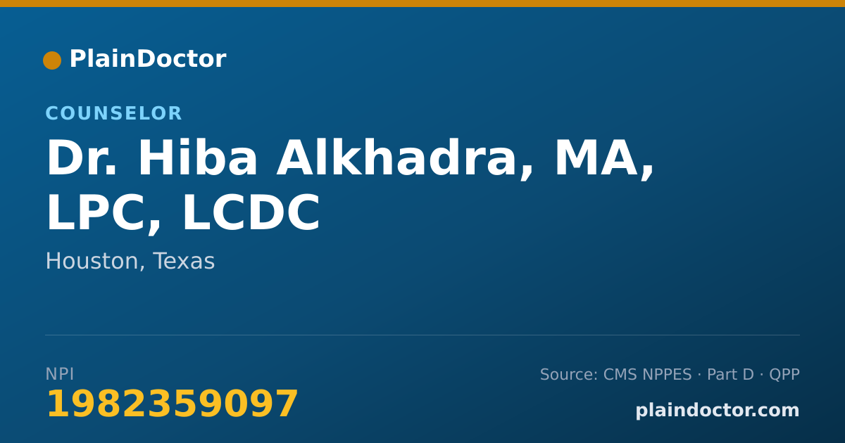 Shareable card for Hiba Alkhadra, MA, LPC, LCDC - Counselor, Houston, TX