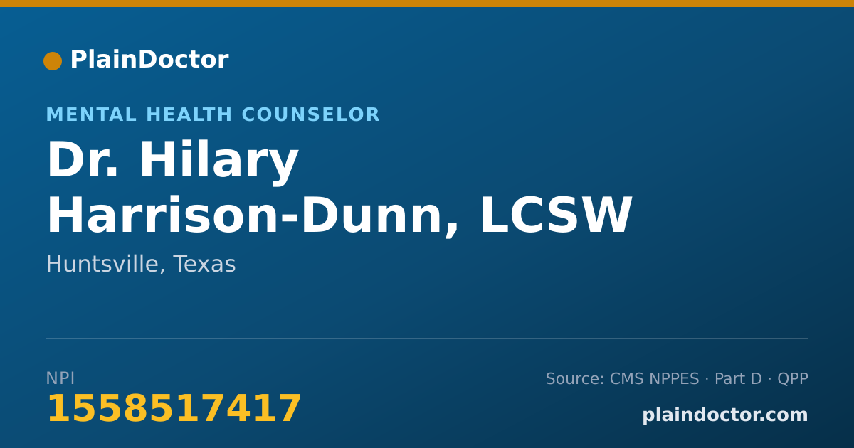 Shareable card for Hilary Harrison-Dunn, LCSW - Mental Health Counselor, Huntsville, TX