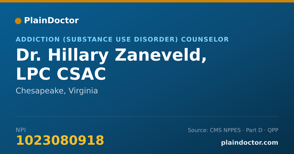 Shareable card for Hillary Zaneveld, LPC CSAC - Addiction (Substance Use Disorder) Counselor, Chesapeake, VA