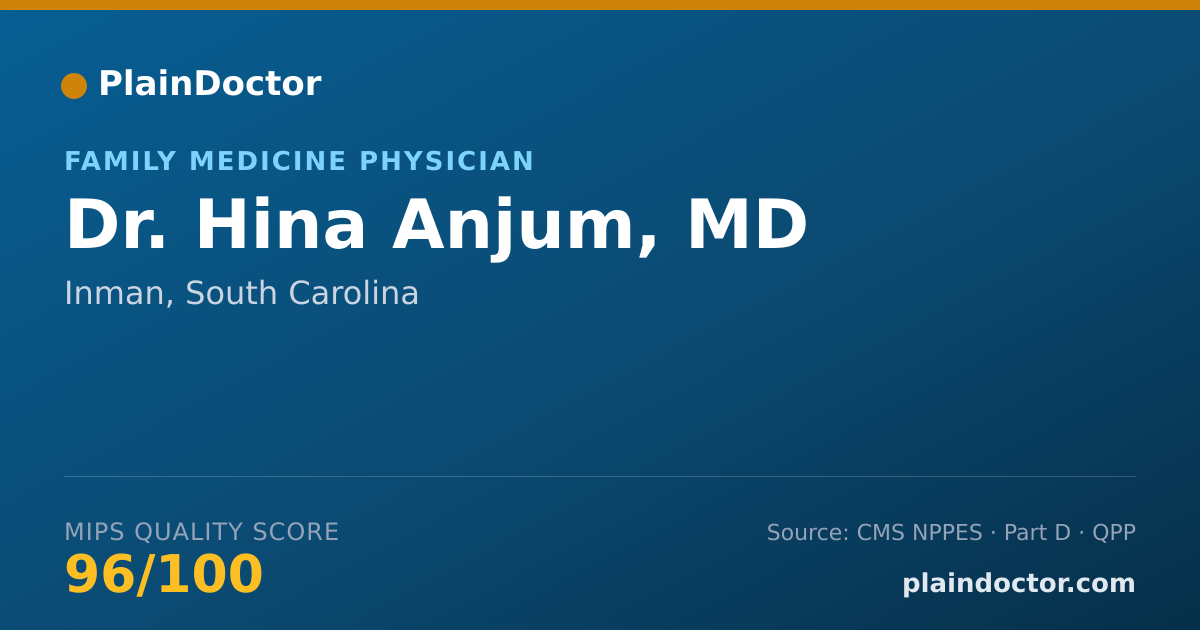 Shareable card for Hina Anjum, MD - Family Medicine Physician, Inman, SC