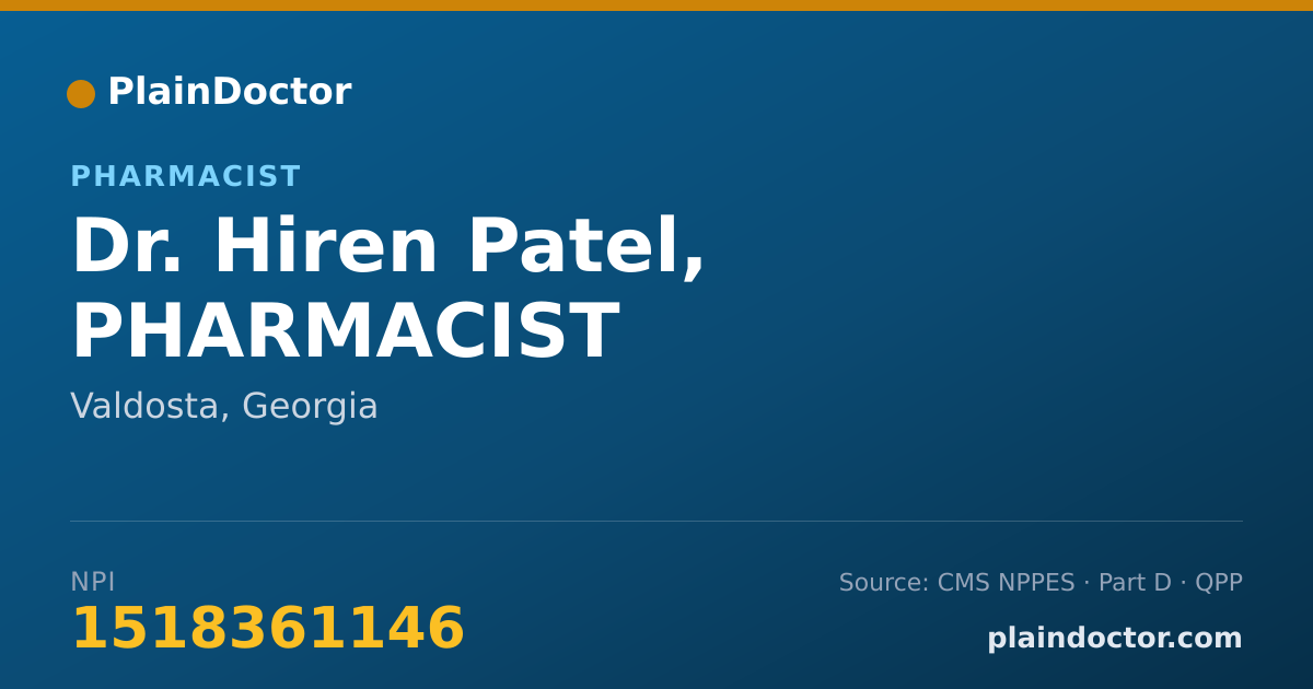 Shareable card for Hiren Patel, PHARMACIST - Pharmacist, Valdosta, GA