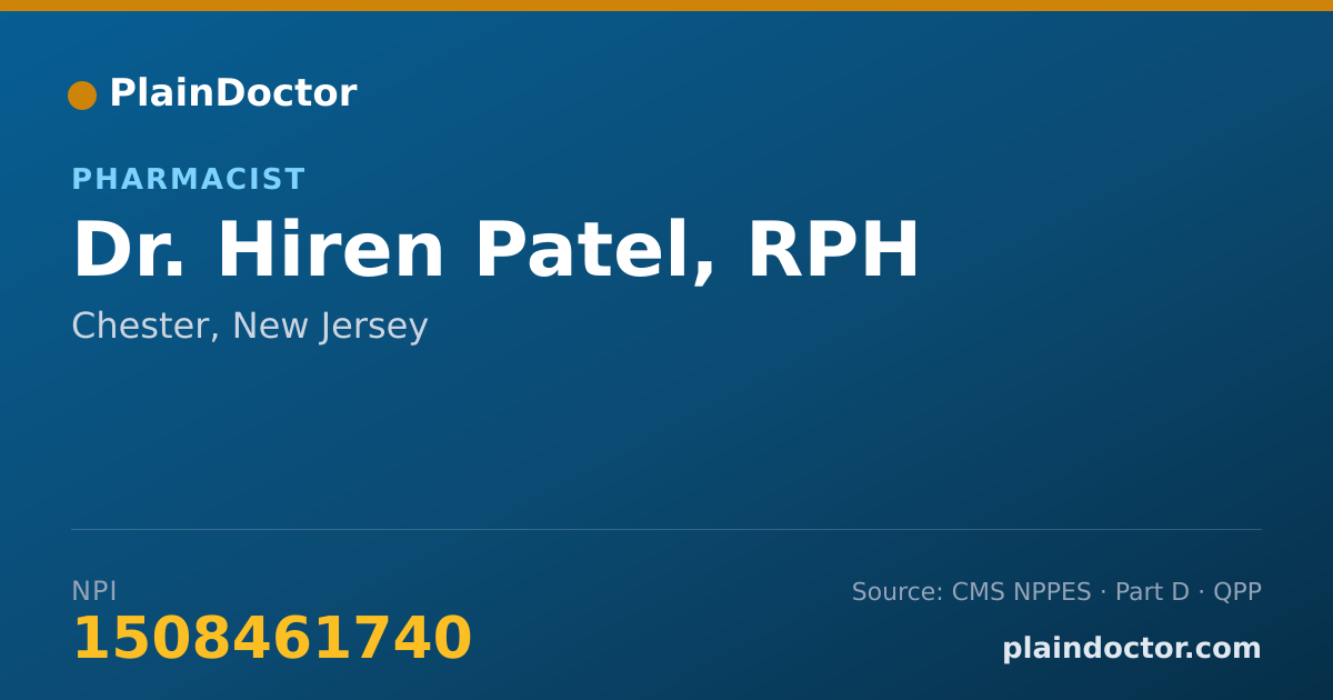 Shareable card for Hiren Patel, RPH - Pharmacist, Chester, NJ