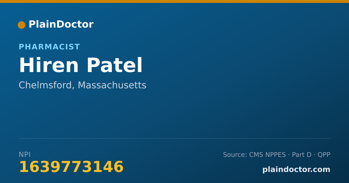 Shareable card for Hiren Patel - Pharmacist, Chelmsford, MA