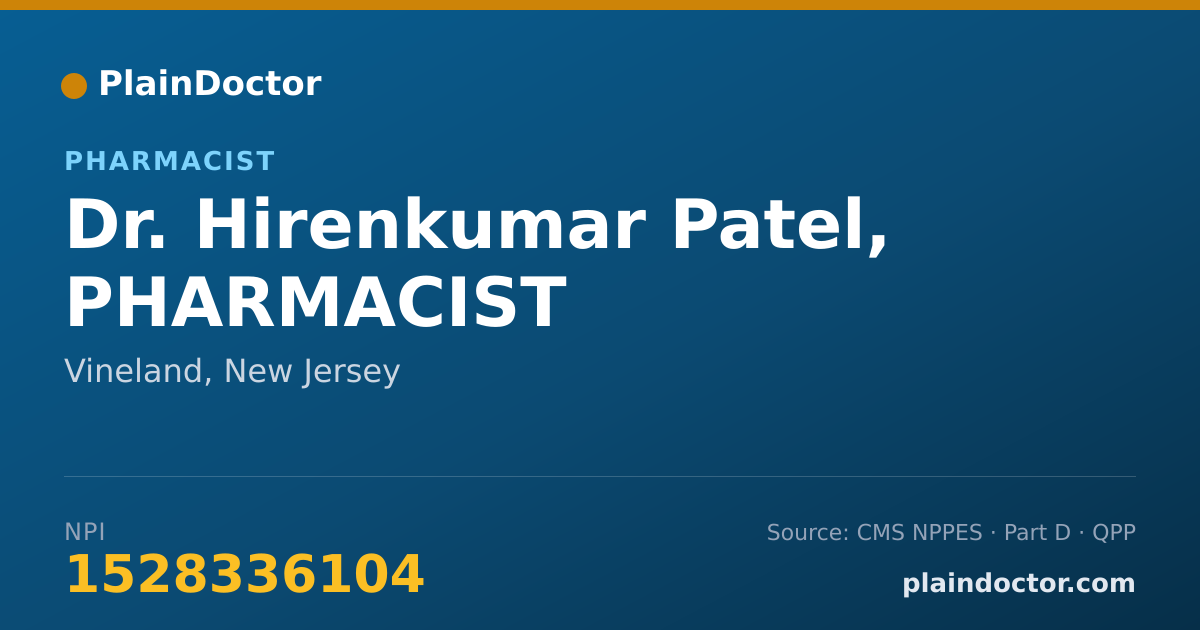 Shareable card for Hirenkumar Patel, PHARMACIST - Pharmacist, Vineland, NJ