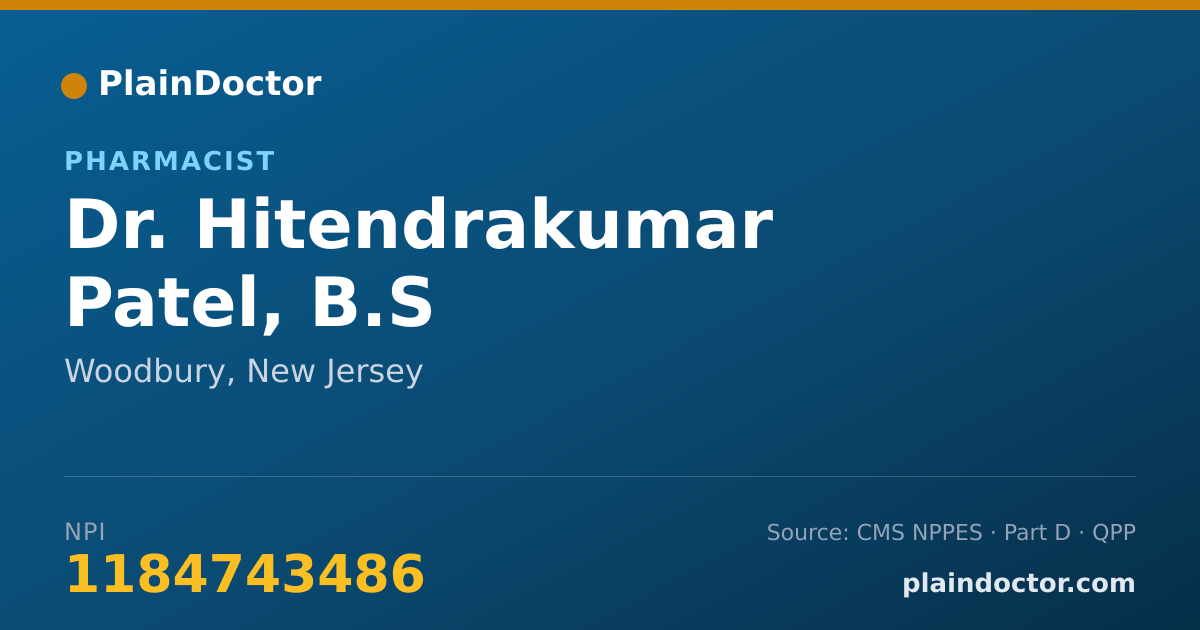 Shareable card for Hitendrakumar Patel, B.S - Pharmacist, Woodbury, NJ