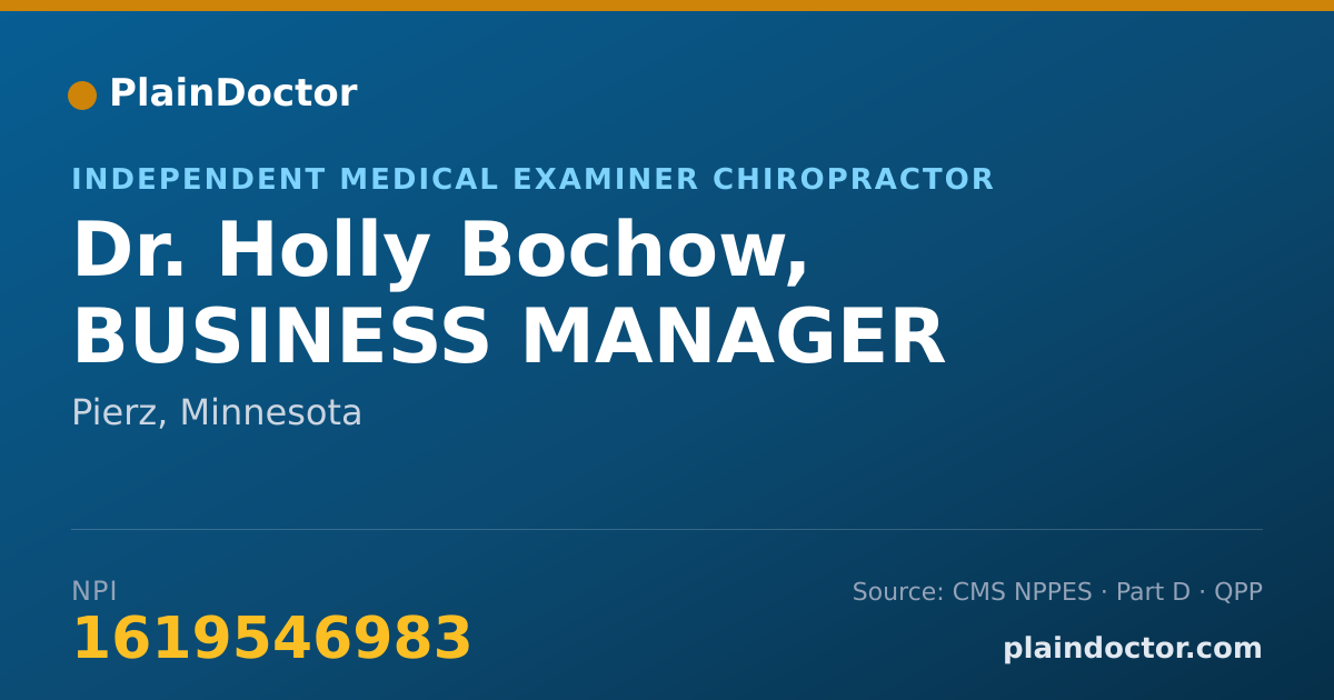 Shareable card for Holly Bochow, BUSINESS MANAGER - Independent Medical Examiner Chiropractor, Pierz, MN