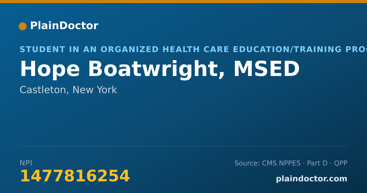 Shareable card for Hope Boatwright, MSED - Student in an Organized Health Care Education/Training Program, Castleton, NY
