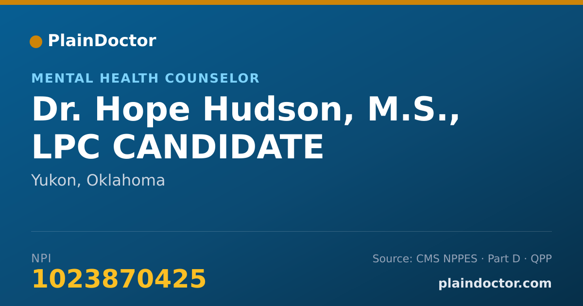 Shareable card for Hope Hudson, M.S., LPC CANDIDATE - Mental Health Counselor, Yukon, OK