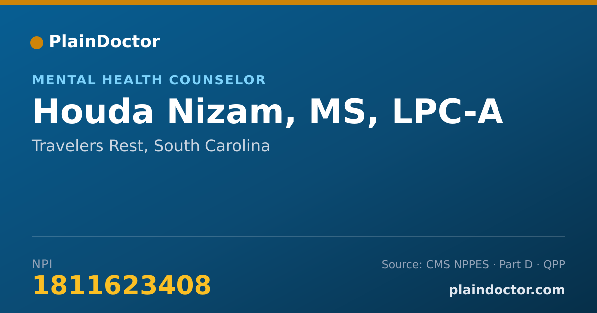 Shareable card for Houda Nizam, MS, LPC-A - Mental Health Counselor, Travelers Rest, SC
