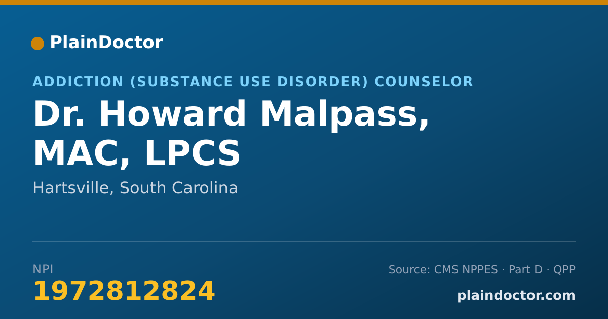 Shareable card for Howard Malpass, MAC, LPCS - Addiction (Substance Use Disorder) Counselor, Hartsville, SC