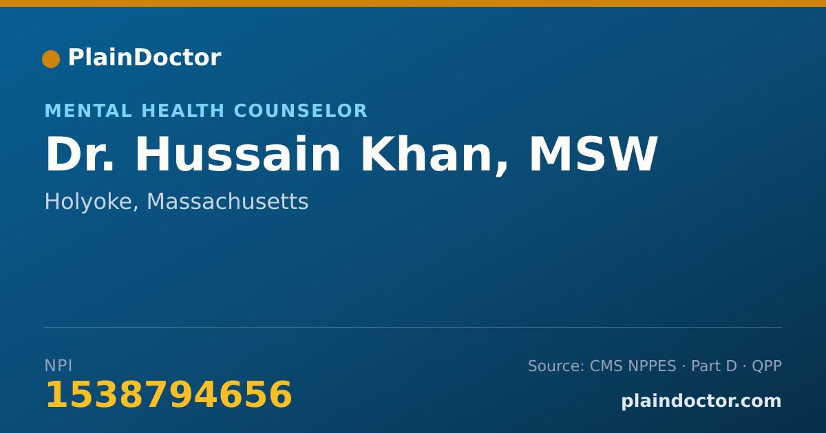 Shareable card for Hussain Khan, MSW - Mental Health Counselor, Holyoke, MA