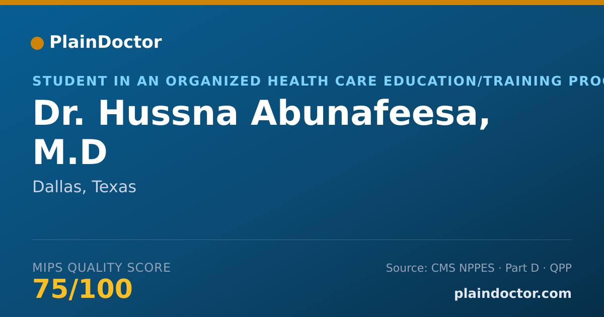 Shareable card for Hussna Abunafeesa, M.D - Student in an Organized Health Care Education/Training Program, Dallas, TX