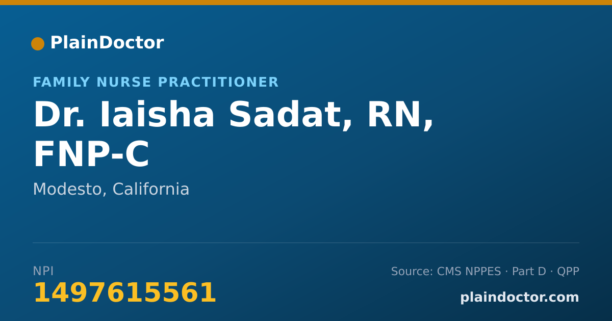 Shareable card for Iaisha Sadat, RN, FNP-C - Family Nurse Practitioner, Modesto, CA
