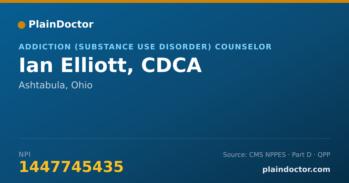Shareable card for Ian Elliott, CDCA - Addiction (Substance Use Disorder) Counselor, Ashtabula, OH