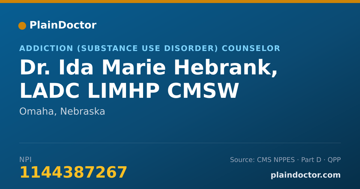 Shareable card for Ida Marie Hebrank, LADC LIMHP CMSW - Addiction (Substance Use Disorder) Counselor, Omaha, NE