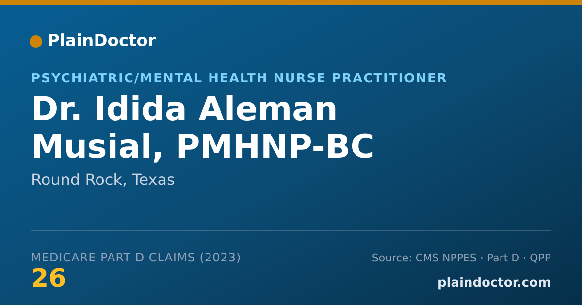 Shareable card for Idida Aleman Musial, PMHNP-BC - Psychiatric/Mental Health Nurse Practitioner, Round Rock, TX