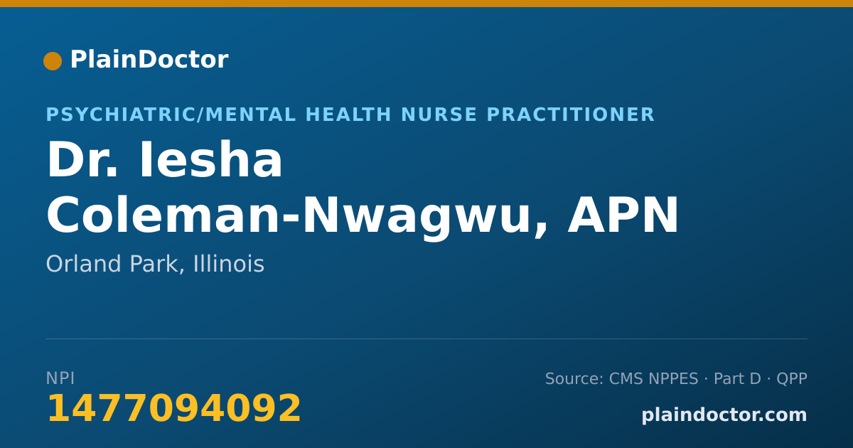 Shareable card for Iesha Coleman-Nwagwu, APN - Psychiatric/Mental Health Nurse Practitioner, Orland Park, IL