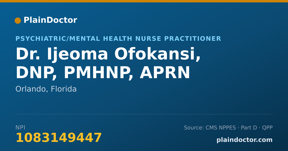 Shareable card for Ijeoma Ofokansi, DNP, PMHNP, APRN - Psychiatric/Mental Health Nurse Practitioner, Orlando, FL