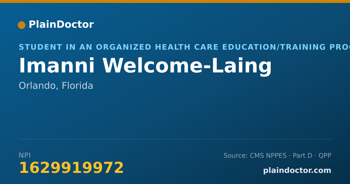 Shareable card for Imanni Welcome-Laing - Student in an Organized Health Care Education/Training Program, Orlando, FL