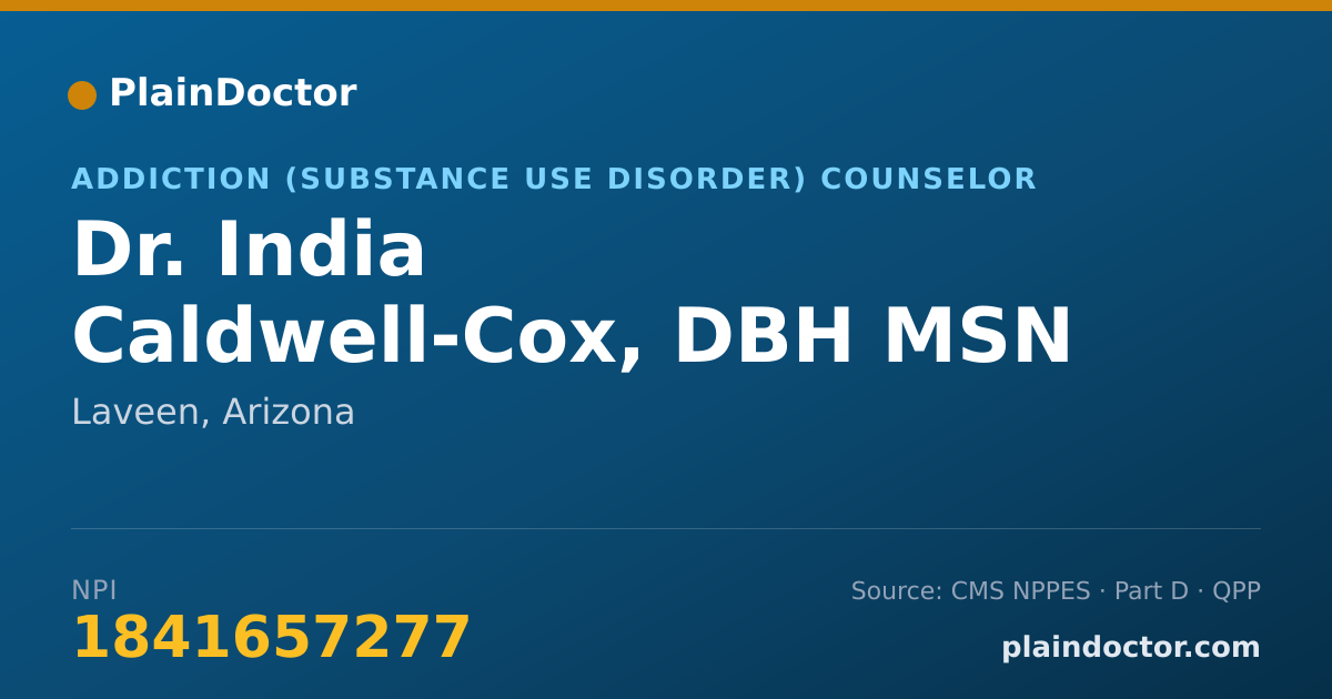 Shareable card for India Caldwell-Cox, DBH MSN N-L BSN RN - Addiction (Substance Use Disorder) Counselor, Laveen, AZ