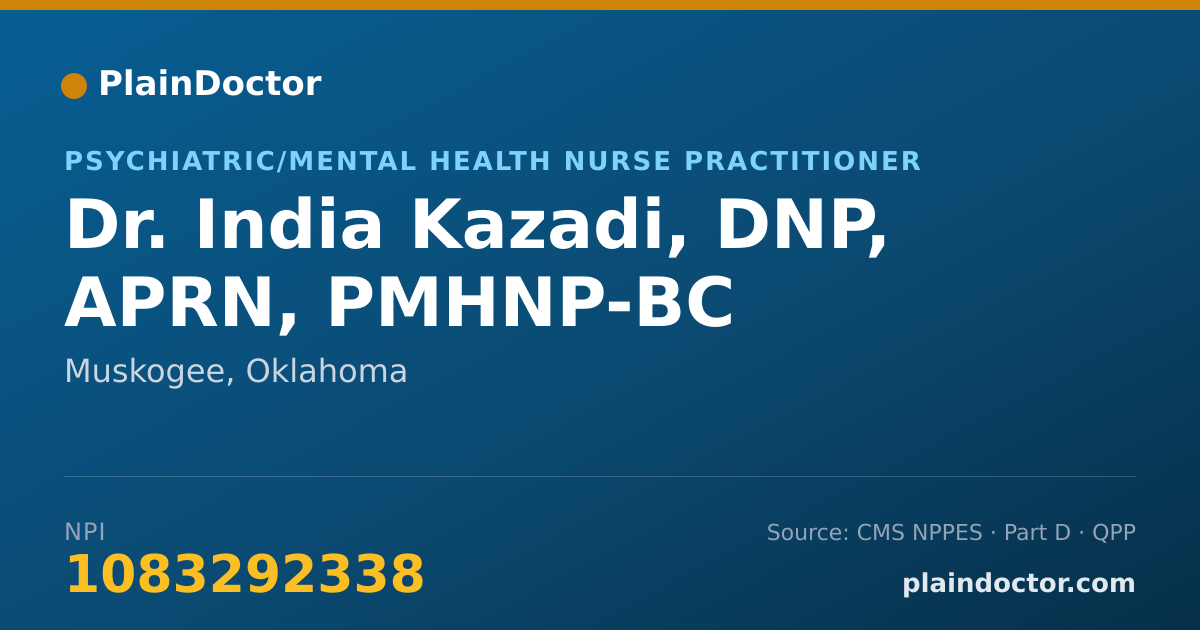 Shareable card for India Kazadi, DNP, APRN, PMHNP-BC - Psychiatric/Mental Health Nurse Practitioner, Muskogee, OK