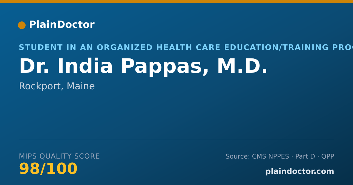 Shareable card for India Pappas, M.D. - Student in an Organized Health Care Education/Training Program, Rockport, ME