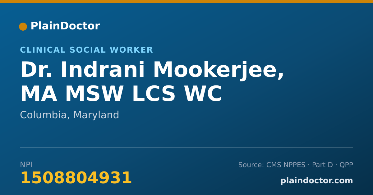 Shareable card for Indrani Mookerjee, MA MSW LCS WC - Clinical Social Worker, Columbia, MD