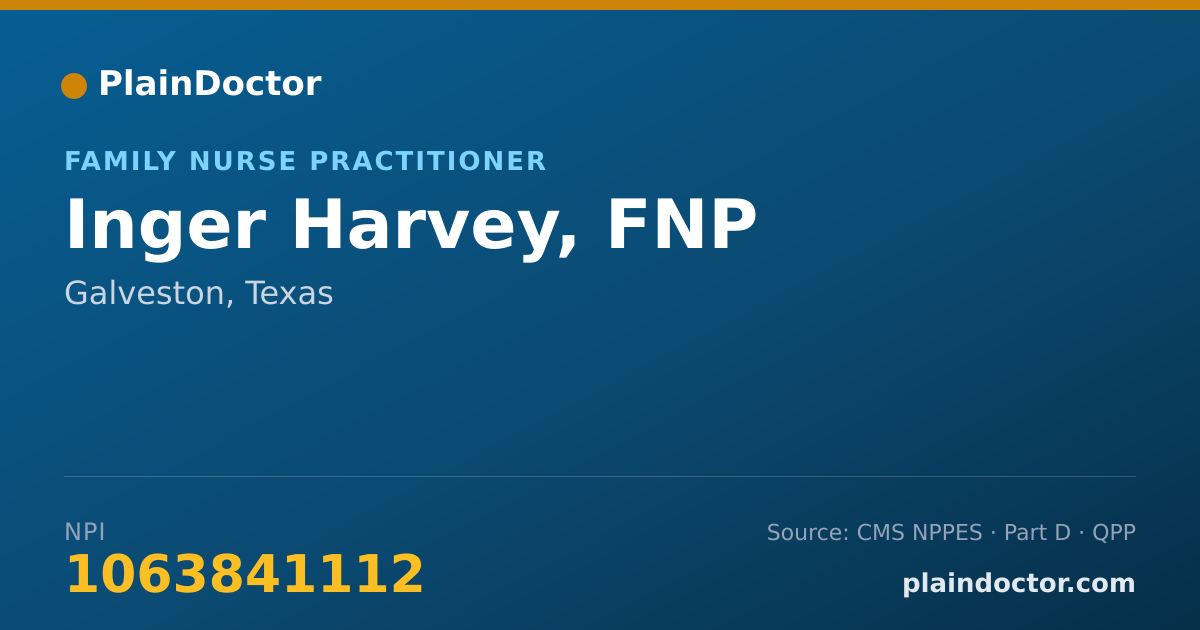 Shareable card for Inger Harvey, FNP - Family Nurse Practitioner, Galveston, TX