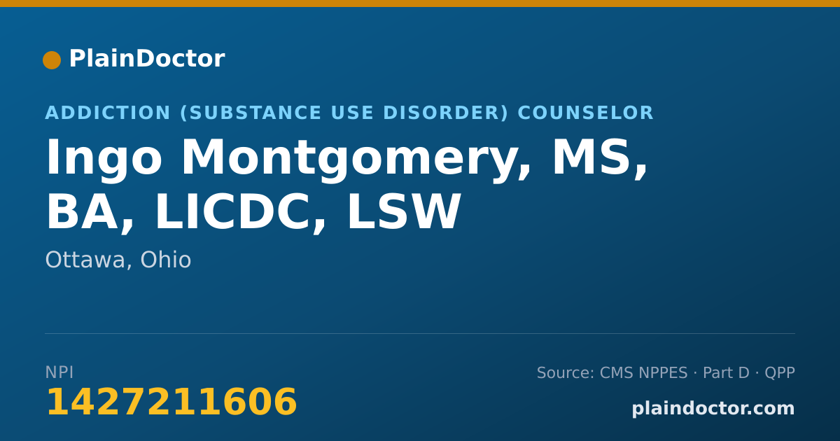 Shareable card for Ingo Montgomery, MS, BA, LICDC, LSW - Addiction (Substance Use Disorder) Counselor, Ottawa, OH