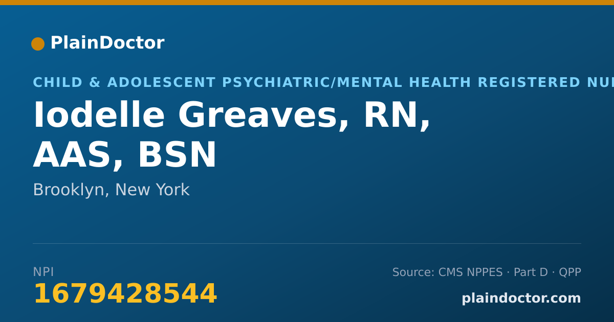 Shareable card for Iodelle Greaves, RN, AAS, BSN - Child & Adolescent Psychiatric/Mental Health Registered Nurse, Brooklyn, NY