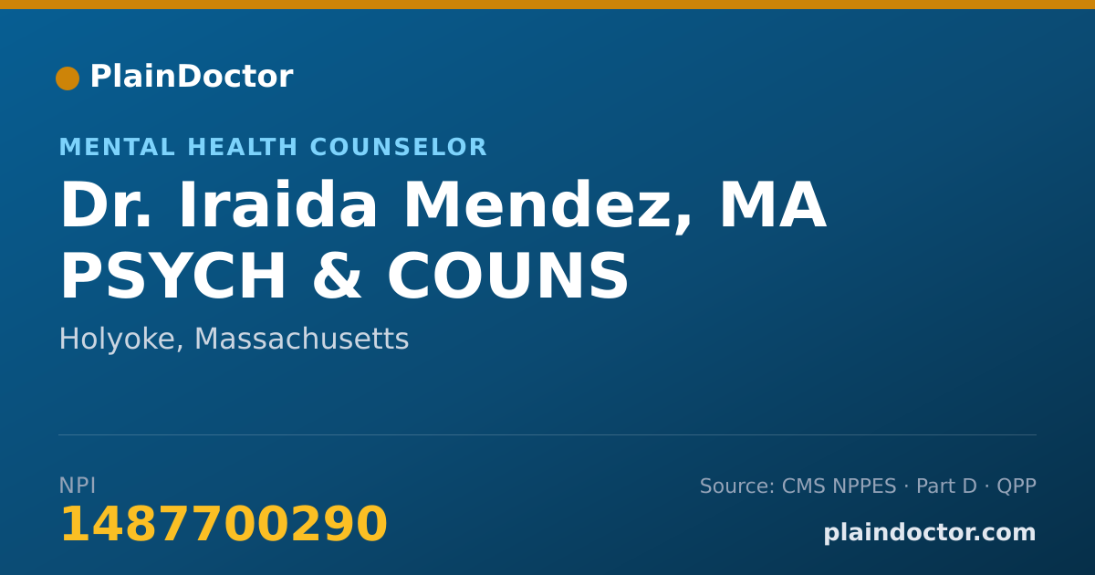 Shareable card for Iraida Mendez, MA PSYCH & COUNS - Mental Health Counselor, Holyoke, MA